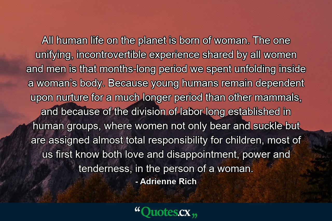 All human life on the planet is born of woman. The one unifying, incontrovertible experience shared by all women and men is that months-long period we spent unfolding inside a woman’s body. Because young humans remain dependent upon nurture for a much longer period than other mammals, and because of the division of labor long established in human groups, where women not only bear and suckle but are assigned almost total responsibility for children, most of us first know both love and disappointment, power and tenderness, in the person of a woman. - Quote by Adrienne Rich