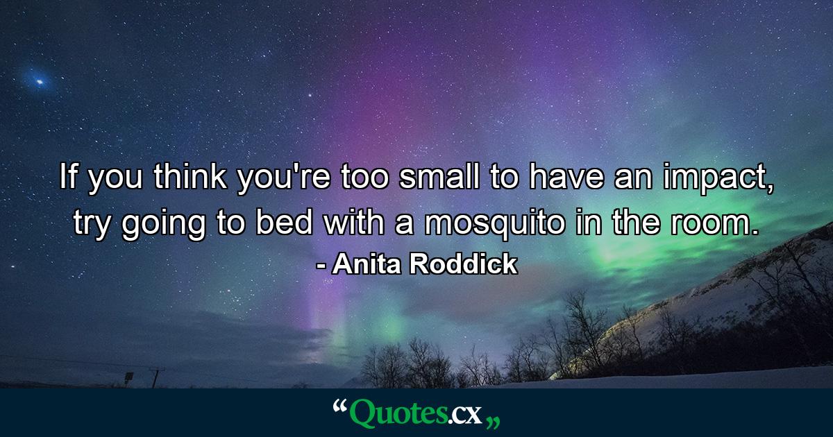 If you think you're too small to have an impact, try going to bed with a mosquito in the room. - Quote by Anita Roddick