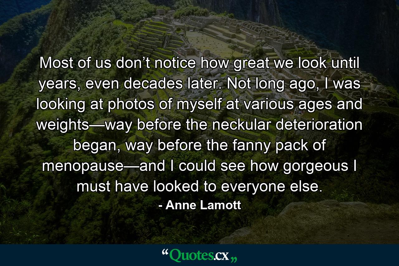 Most of us don’t notice how great we look until years, even decades later. Not long ago, I was looking at photos of myself at various ages and weights—way before the neckular deterioration began, way before the fanny pack of menopause—and I could see how gorgeous I must have looked to everyone else. - Quote by Anne Lamott