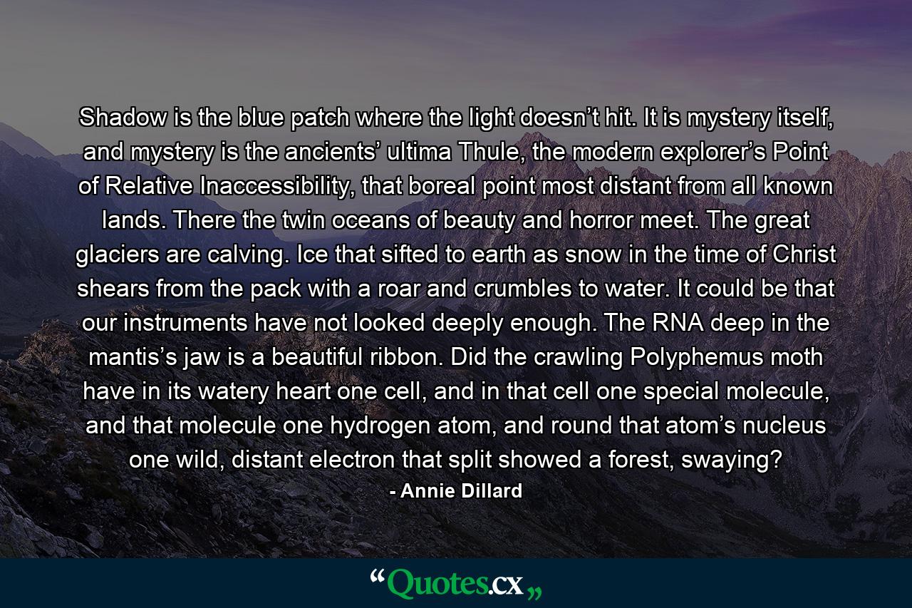 Shadow is the blue patch where the light doesn’t hit. It is mystery itself, and mystery is the ancients’ ultima Thule, the modern explorer’s Point of Relative Inaccessibility, that boreal point most distant from all known lands. There the twin oceans of beauty and horror meet. The great glaciers are calving. Ice that sifted to earth as snow in the time of Christ shears from the pack with a roar and crumbles to water. It could be that our instruments have not looked deeply enough. The RNA deep in the mantis’s jaw is a beautiful ribbon. Did the crawling Polyphemus moth have in its watery heart one cell, and in that cell one special molecule, and that molecule one hydrogen atom, and round that atom’s nucleus one wild, distant electron that split showed a forest, swaying? - Quote by Annie Dillard