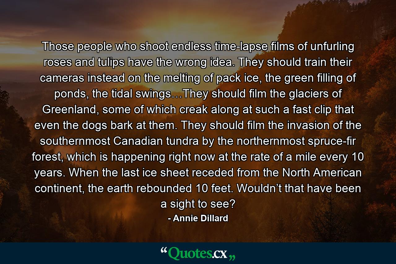 Those people who shoot endless time-lapse films of unfurling roses and tulips have the wrong idea. They should train their cameras instead on the melting of pack ice, the green filling of ponds, the tidal swings…They should film the glaciers of Greenland, some of which creak along at such a fast clip that even the dogs bark at them. They should film the invasion of the southernmost Canadian tundra by the northernmost spruce-fir forest, which is happening right now at the rate of a mile every 10 years. When the last ice sheet receded from the North American continent, the earth rebounded 10 feet. Wouldn’t that have been a sight to see? - Quote by Annie Dillard