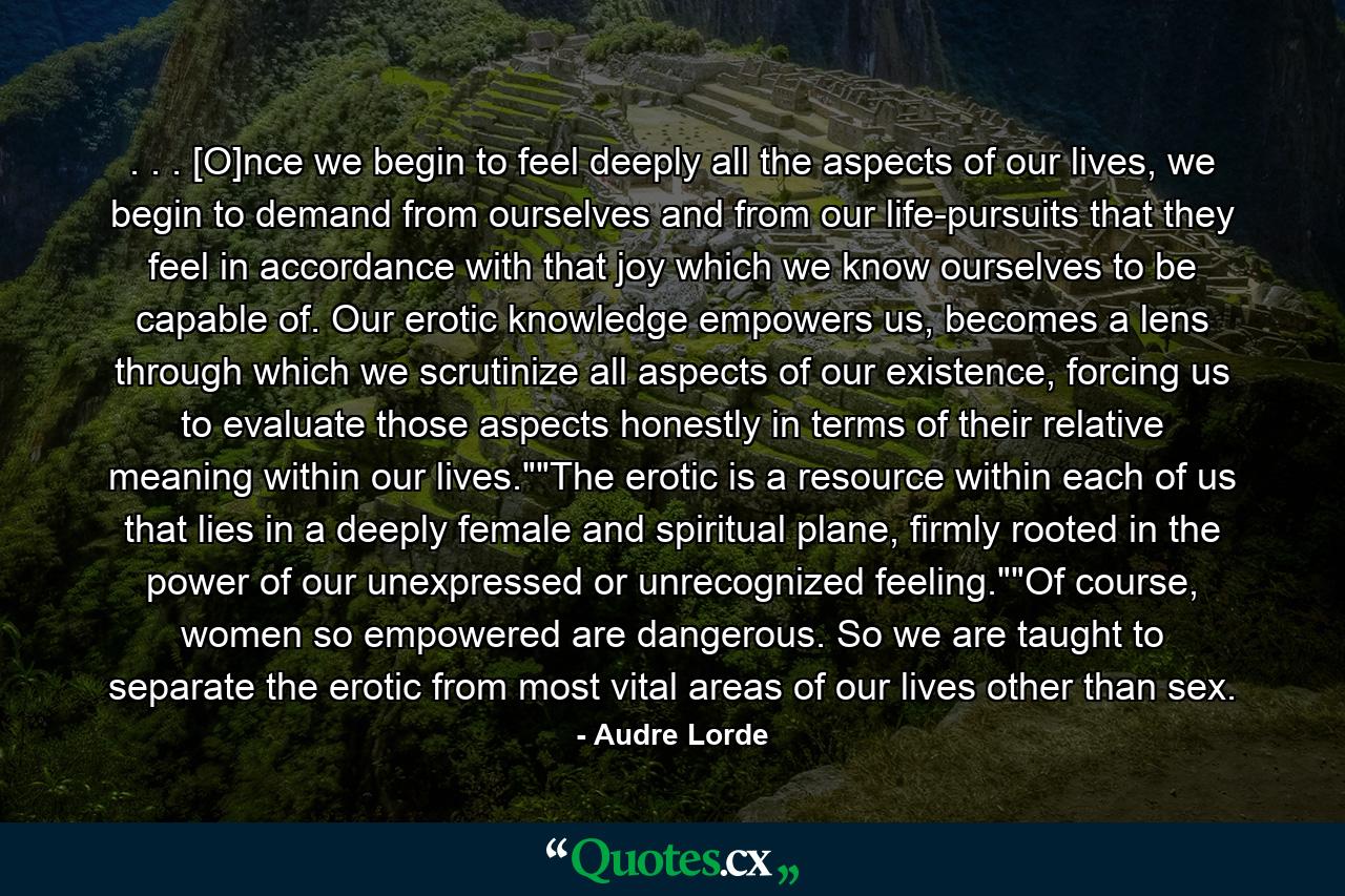 . . . [O]nce we begin to feel deeply all the aspects of our lives, we begin to demand from ourselves and from our life-pursuits that they feel in accordance with that joy which we know ourselves to be capable of. Our erotic knowledge empowers us, becomes a lens through which we scrutinize all aspects of our existence, forcing us to evaluate those aspects honestly in terms of their relative meaning within our lives.