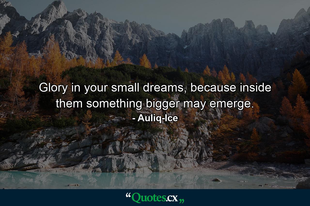 Glory in your small dreams, because inside them something bigger may emerge. - Quote by Auliq-Ice