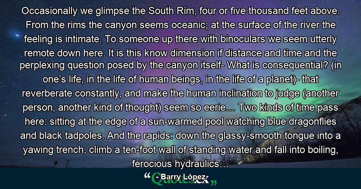 Occasionally we glimpse the South Rim, four or five thousand feet above. From the rims the canyon seems oceanic; at the surface of the river the feeling is intimate. To someone up there with binoculars we seem utterly remote down here. It is this know dimension if distance and time and the perplexing question posed by the canyon itself- What is consequential? (in one’s life, in the life of human beings, in the life of a planet)- that reverberate constantly, and make the human inclination to judge (another person, another kind of thought) seem so eerie… Two kinds of time pass here: sitting at the edge of a sun-warmed pool watching blue dragonflies and black tadpoles. And the rapids: down the glassy-smooth tongue into a yawing trench, climb a ten-foot wall of standing water and fall into boiling, ferocious hydraulics… - Quote by Barry López