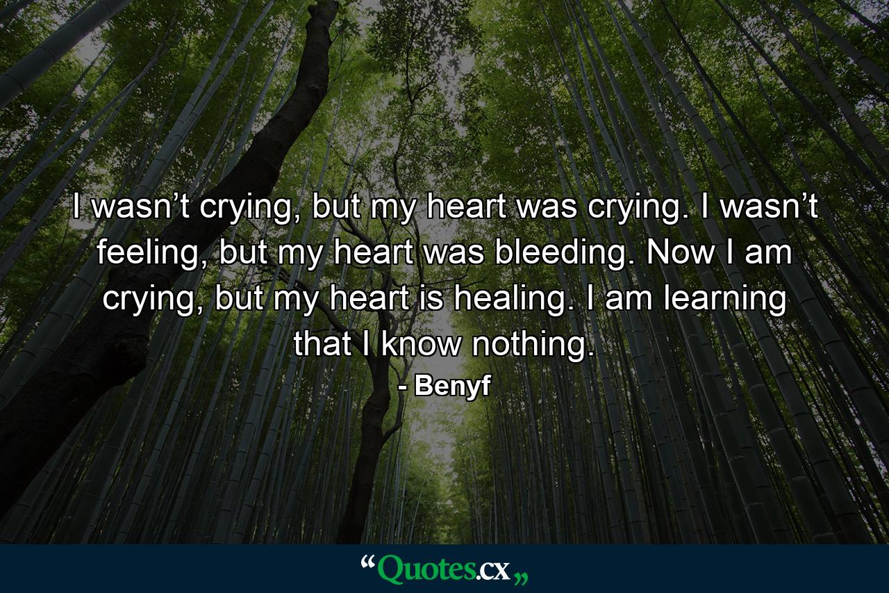 I wasn’t crying, but my heart was crying. I wasn’t feeling, but my heart was bleeding. Now I am crying, but my heart is healing. I am learning that I know nothing. - Quote by Benyf