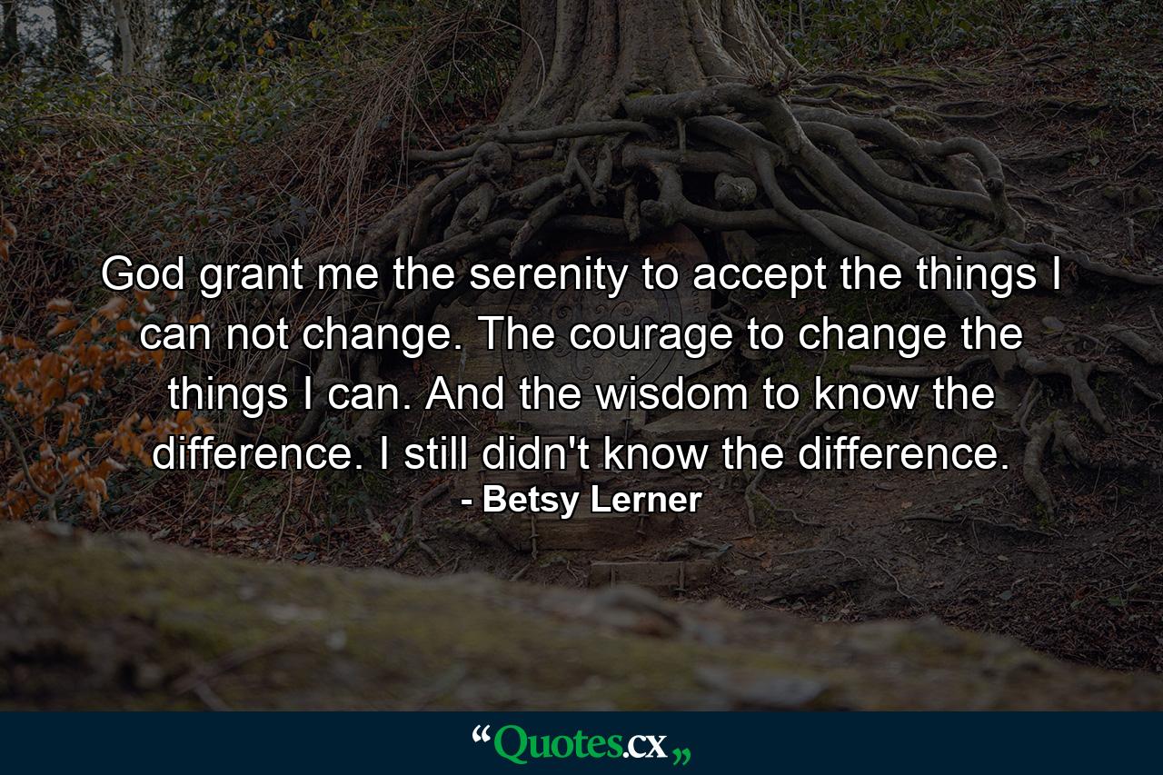 God grant me the serenity to accept the things I can not change. The courage to change the things I can. And the wisdom to know the difference. I still didn't know the difference. - Quote by Betsy Lerner