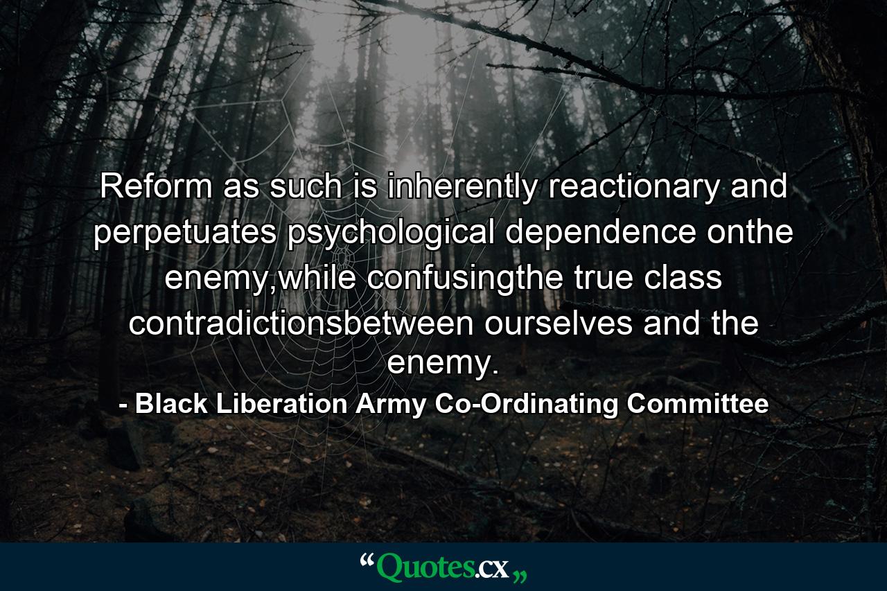 Reform as such is inherently reactionary and perpetuates psychological dependence onthe enemy,while confusingthe true class contradictionsbetween ourselves and the enemy. - Quote by Black Liberation Army Co-Ordinating Committee