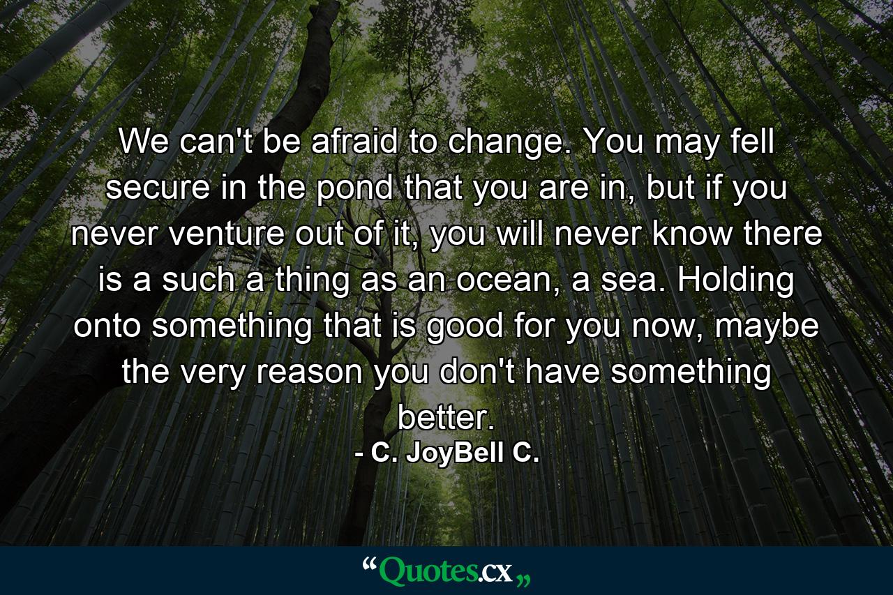 We can't be afraid to change. You may fell secure in the pond that you are in, but if you never venture out of it, you will never know there is a such a thing as an ocean, a sea. Holding onto something that is good for you now, maybe the very reason you don't have something better. - Quote by C. JoyBell C.