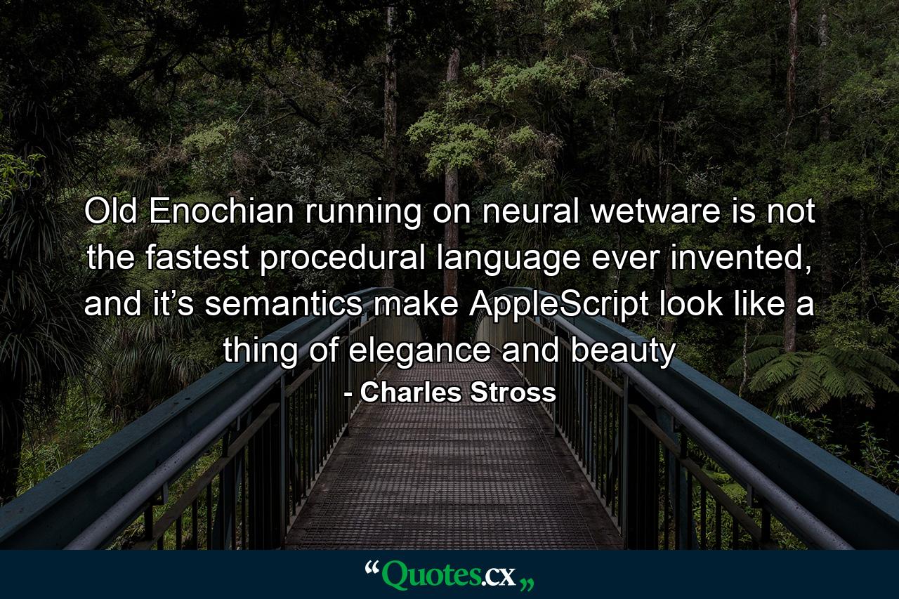 Old Enochian running on neural wetware is not the fastest procedural language ever invented, and it’s semantics make AppleScript look like a thing of elegance and beauty - Quote by Charles Stross