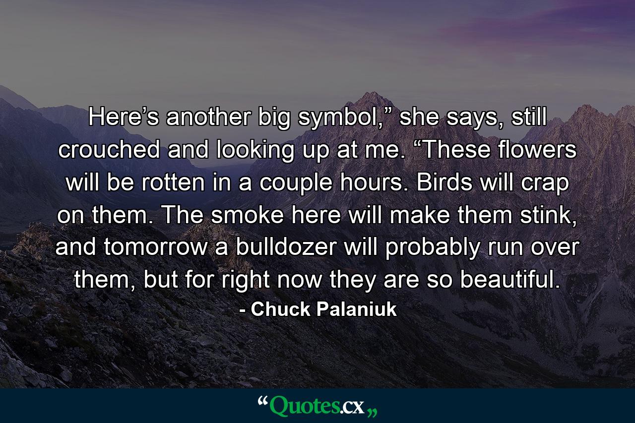 Here’s another big symbol,” she says, still crouched and looking up at me. “These flowers will be rotten in a couple hours. Birds will crap on them. The smoke here will make them stink, and tomorrow a bulldozer will probably run over them, but for right now they are so beautiful. - Quote by Chuck Palaniuk