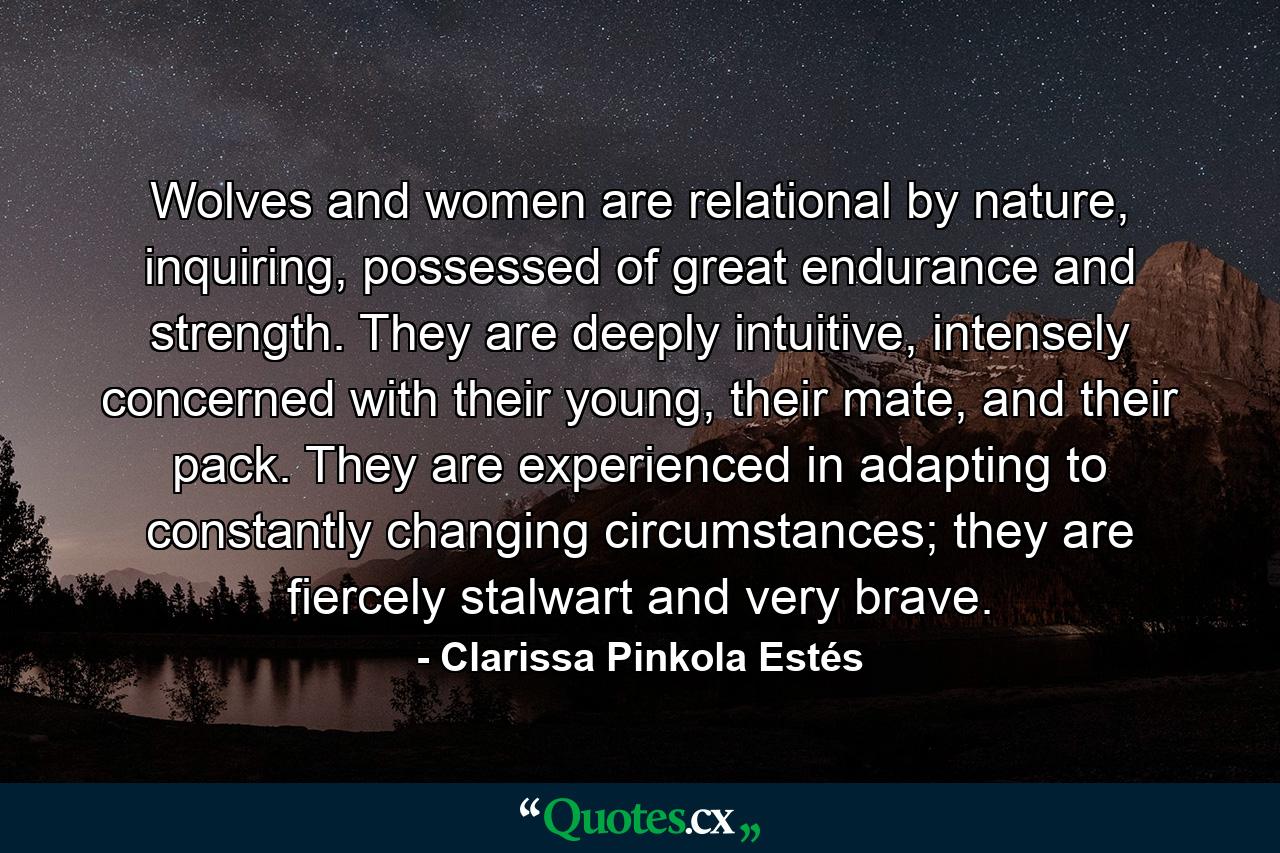 Wolves and women are relational by nature, inquiring, possessed of great endurance and strength. They are deeply intuitive, intensely concerned with their young, their mate, and their pack. They are experienced in adapting to constantly changing circumstances; they are fiercely stalwart and very brave. - Quote by Clarissa Pinkola Estés