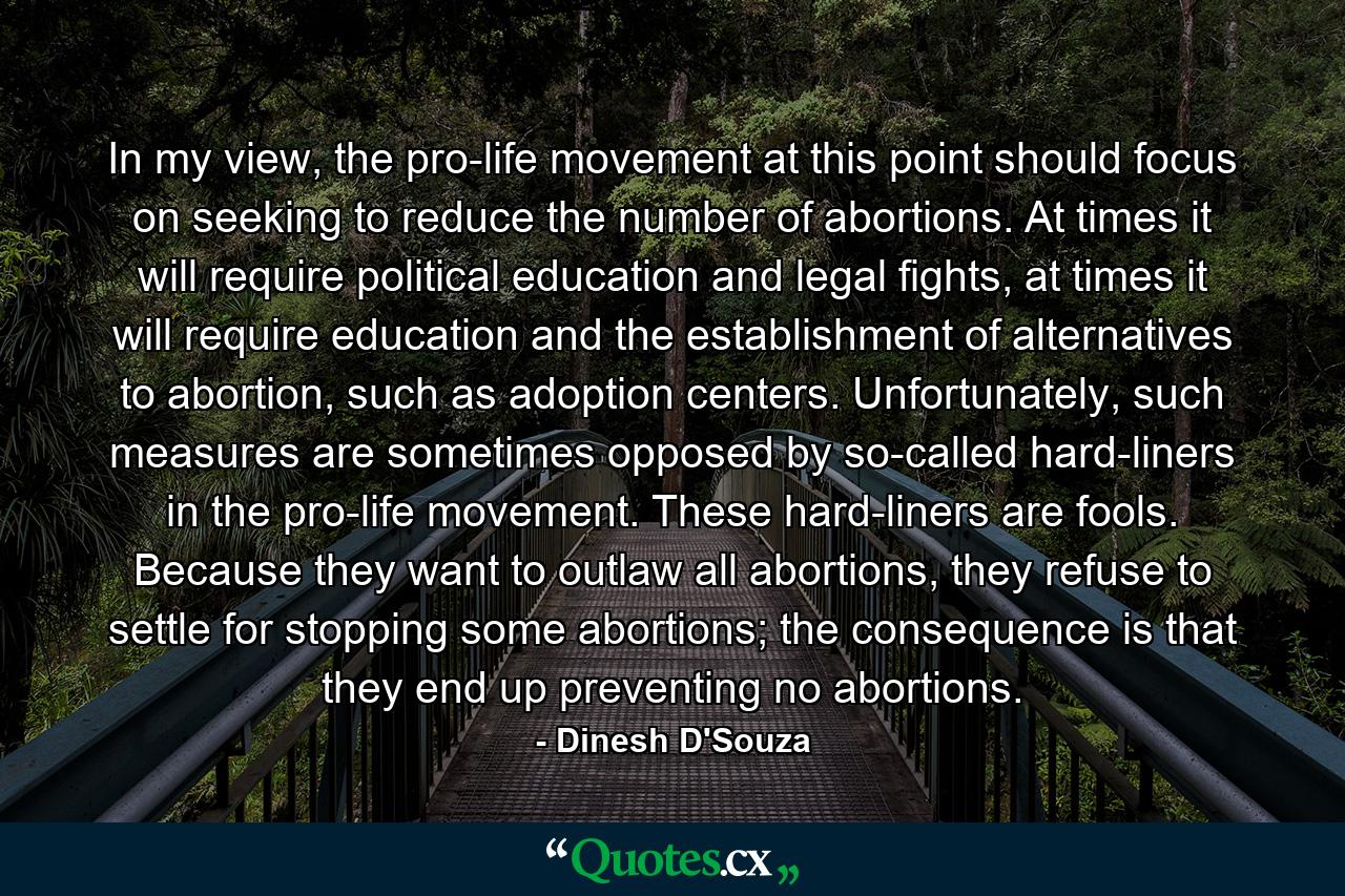 In my view, the pro-life movement at this point should focus on seeking to reduce the number of abortions. At times it will require political education and legal fights, at times it will require education and the establishment of alternatives to abortion, such as adoption centers. Unfortunately, such measures are sometimes opposed by so-called hard-liners in the pro-life movement. These hard-liners are fools. Because they want to outlaw all abortions, they refuse to settle for stopping some abortions; the consequence is that they end up preventing no abortions. - Quote by Dinesh D'Souza