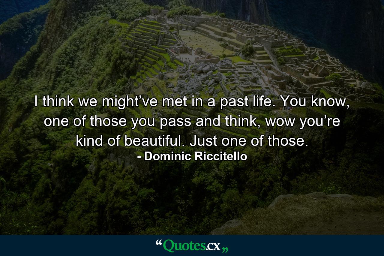 I think we might’ve met in a past life. You know, one of those you pass and think, wow you’re kind of beautiful. Just one of those. - Quote by Dominic Riccitello