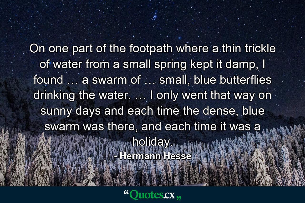 On one part of the footpath where a thin trickle of water from a small spring kept it damp, I found … a swarm of … small, blue butterflies drinking the water. … I only went that way on sunny days and each time the dense, blue swarm was there, and each time it was a holiday. - Quote by Hermann Hesse