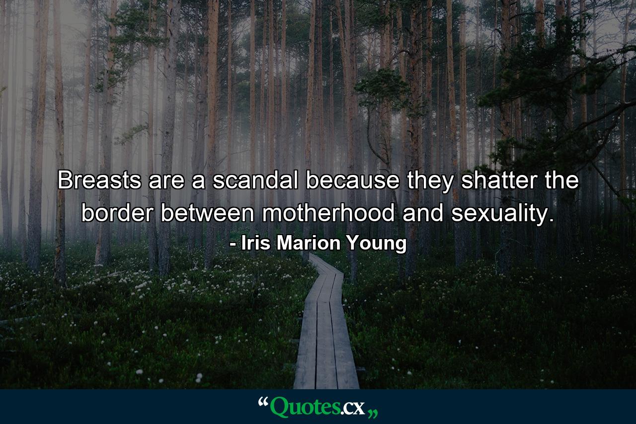 Breasts are a scandal because they shatter the border between motherhood and sexuality. - Quote by Iris Marion Young