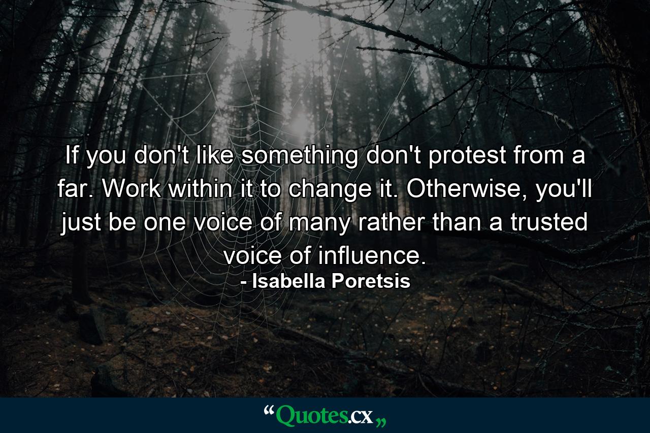 If you don't like something don't protest from a far. Work within it to change it. Otherwise, you'll just be one voice of many rather than a trusted voice of influence. - Quote by Isabella Poretsis