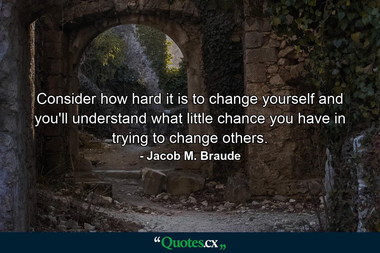 Consider how hard it is to change yourself and you'll understand what little chance you have in trying to change others. - Quote by Jacob M. Braude