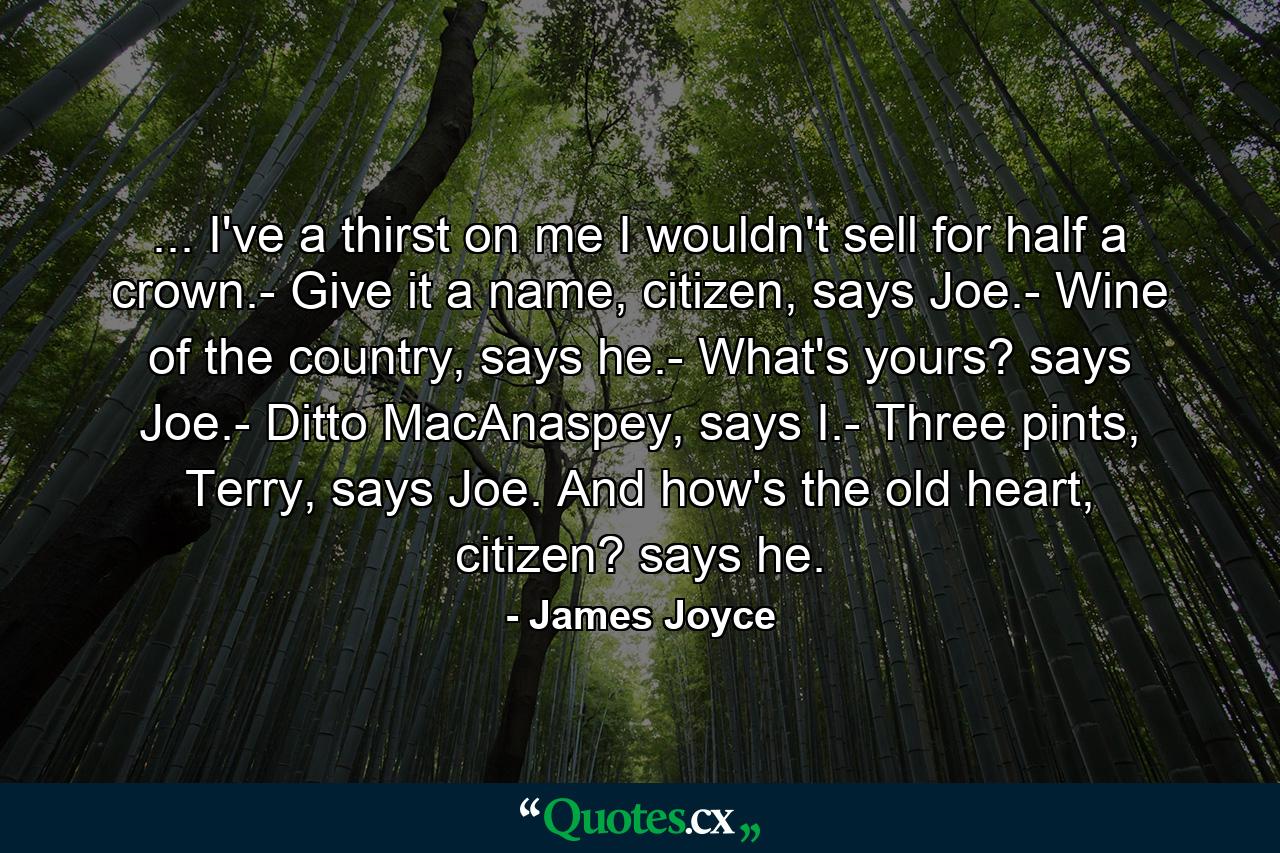 ... I've a thirst on me I wouldn't sell for half a crown.- Give it a name, citizen, says Joe.- Wine of the country, says he.- What's yours? says Joe.- Ditto MacAnaspey, says I.- Three pints, Terry, says Joe. And how's the old heart, citizen? says he. - Quote by James Joyce