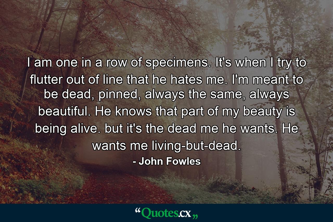 I am one in a row of specimens. It's when I try to flutter out of line that he hates me. I'm meant to be dead, pinned, always the same, always beautiful. He knows that part of my beauty is being alive. but it's the dead me he wants. He wants me living-but-dead. - Quote by John Fowles