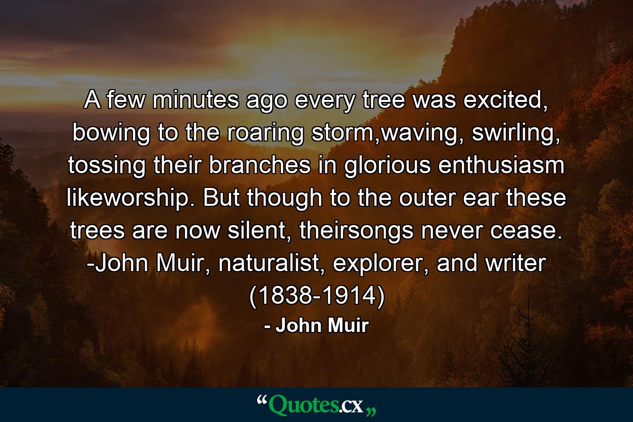 A few minutes ago every tree was excited, bowing to the roaring storm,waving, swirling, tossing their branches in glorious enthusiasm likeworship. But though to the outer ear these trees are now silent, theirsongs never cease. -John Muir, naturalist, explorer, and writer (1838-1914) - Quote by John Muir