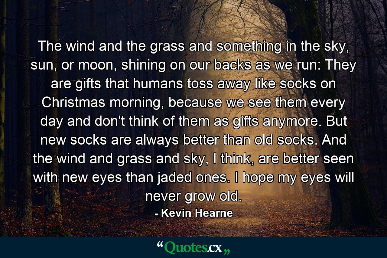 The wind and the grass and something in the sky, sun, or moon, shining on our backs as we run: They are gifts that humans toss away like socks on Christmas morning, because we see them every day and don't think of them as gifts anymore. But new socks are always better than old socks. And the wind and grass and sky, I think, are better seen with new eyes than jaded ones. I hope my eyes will never grow old. - Quote by Kevin Hearne