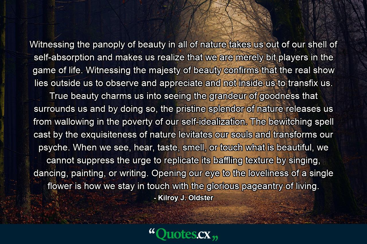 Witnessing the panoply of beauty in all of nature takes us out of our shell of self-absorption and makes us realize that we are merely bit players in the game of life. Witnessing the majesty of beauty confirms that the real show lies outside us to observe and appreciate and not inside us to transfix us. True beauty charms us into seeing the grandeur of goodness that surrounds us and by doing so, the pristine splendor of nature releases us from wallowing in the poverty of our self-idealization. The bewitching spell cast by the exquisiteness of nature levitates our souls and transforms our psyche. When we see, hear, taste, smell, or touch what is beautiful, we cannot suppress the urge to replicate its baffling texture by singing, dancing, painting, or writing. Opening our eye to the loveliness of a single flower is how we stay in touch with the glorious pageantry of living. - Quote by Kilroy J. Oldster