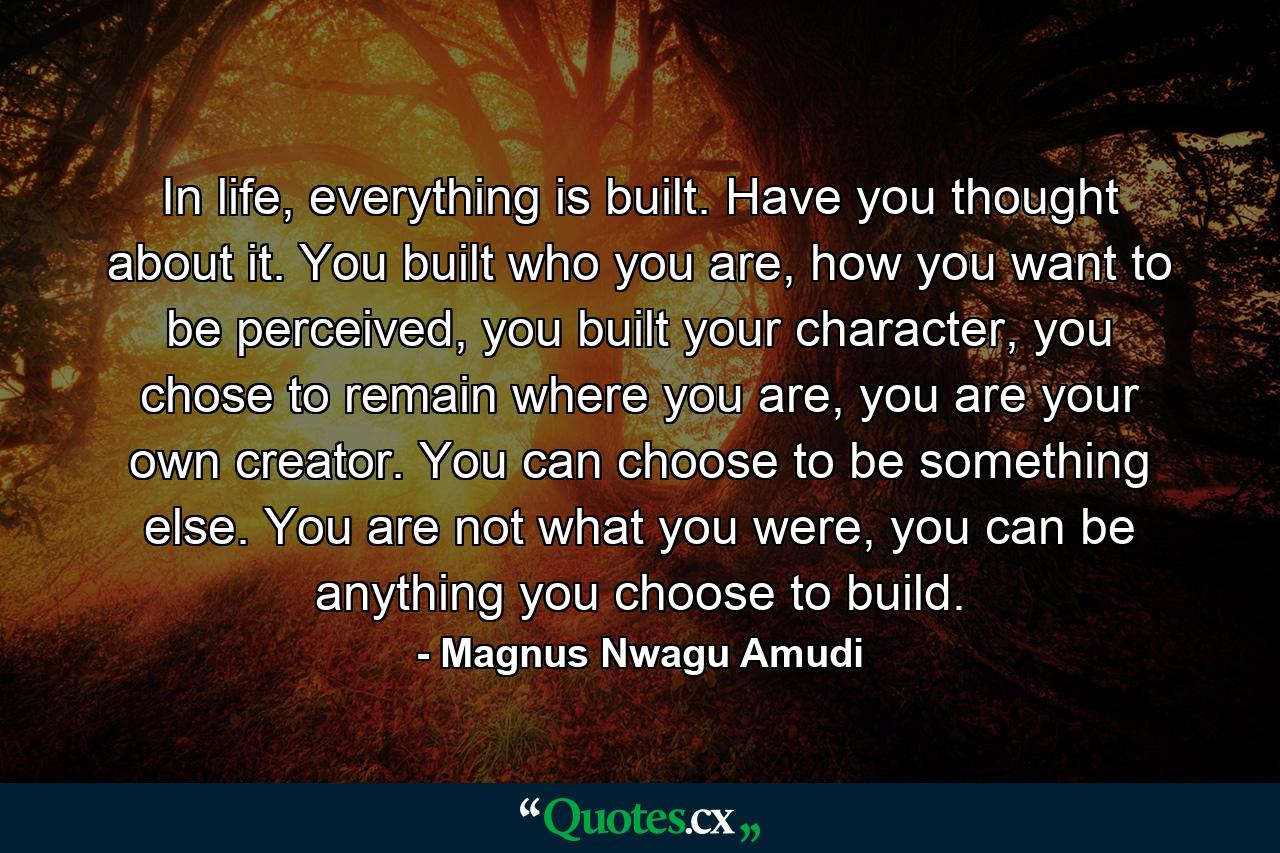 In life, everything is built. Have you thought about it. You built who you are, how you want to be perceived, you built your character, you chose to remain where you are, you are your own creator. You can choose to be something else. You are not what you were, you can be anything you choose to build. - Quote by Magnus Nwagu Amudi