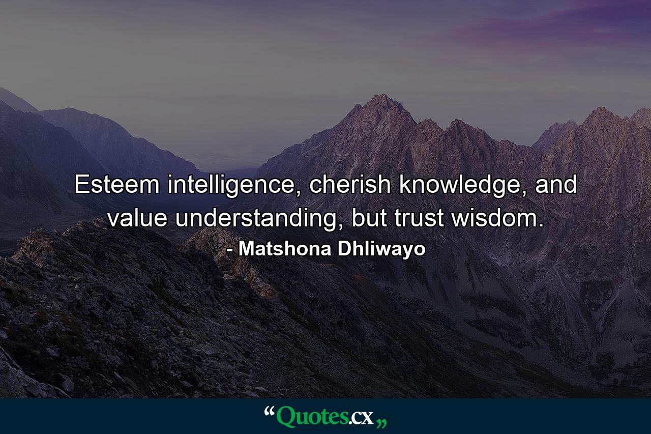 Esteem intelligence, cherish knowledge, and value understanding, but trust wisdom. - Quote by Matshona Dhliwayo