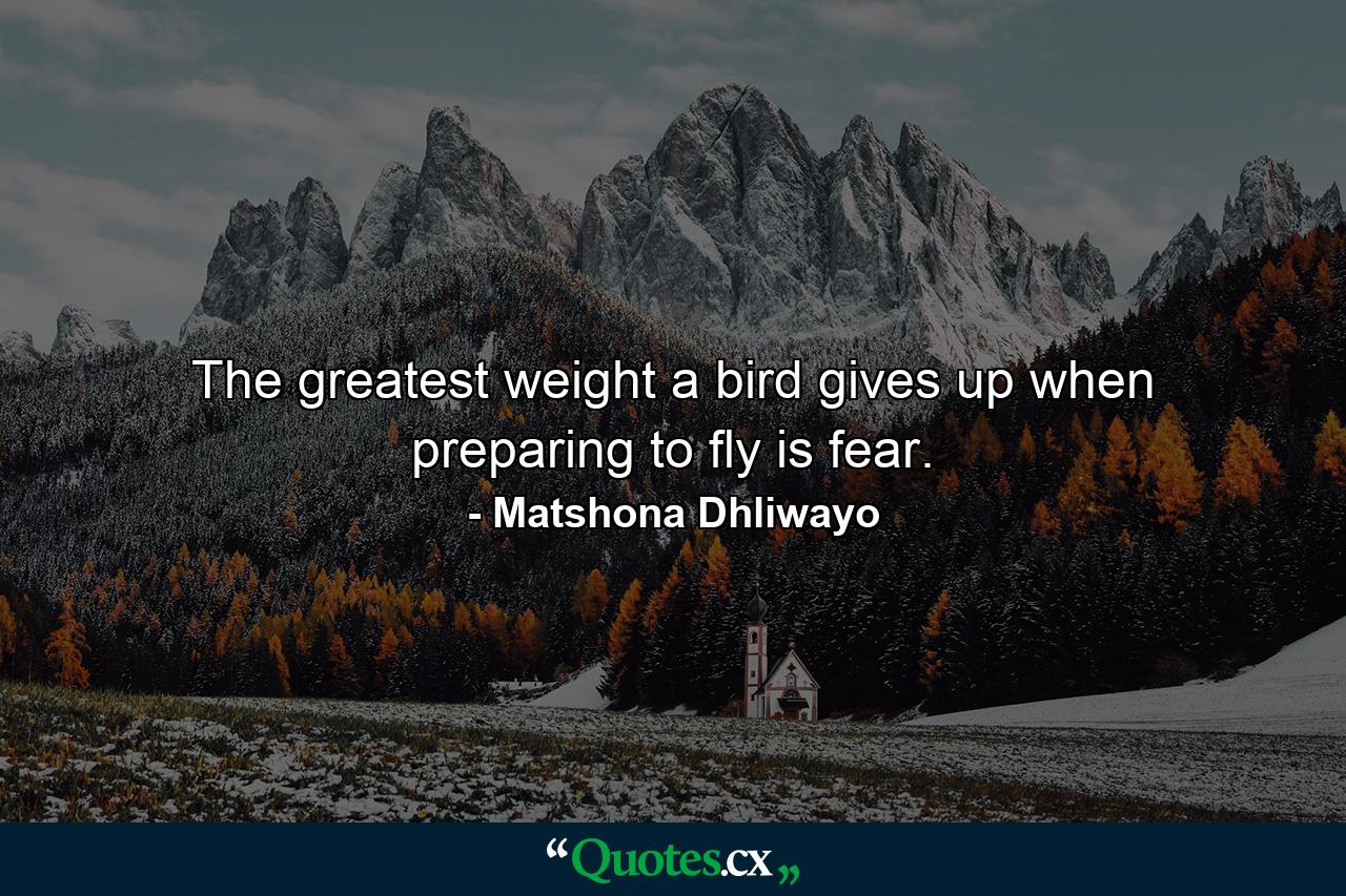 The greatest weight a bird gives up when preparing to fly is fear. - Quote by Matshona Dhliwayo