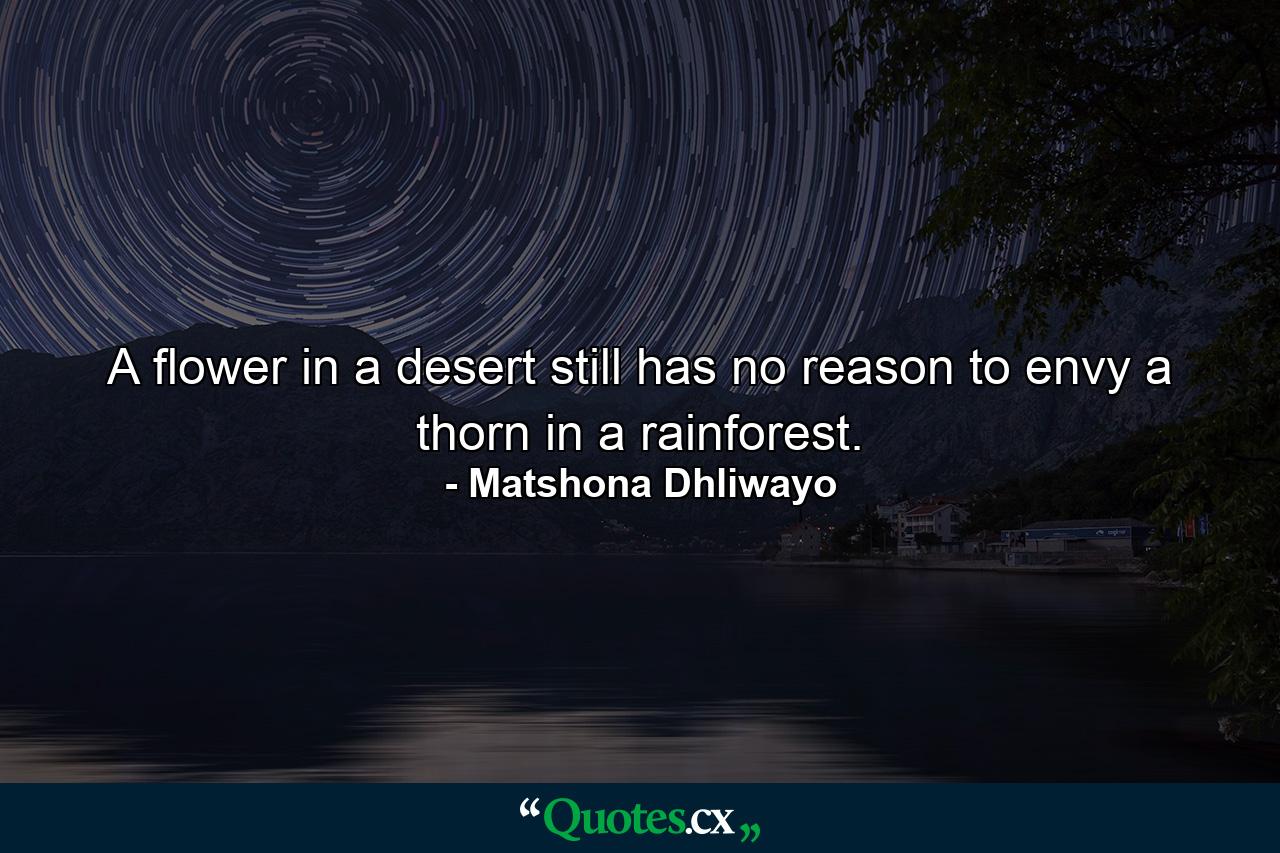 A flower in a desert still has no reason to envy a thorn in a rainforest. - Quote by Matshona Dhliwayo