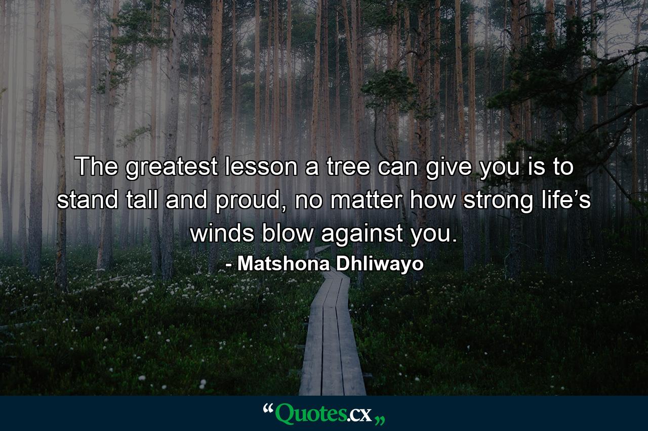 The greatest lesson a tree can give you is to stand tall and proud, no matter how strong life’s winds blow against you. - Quote by Matshona Dhliwayo