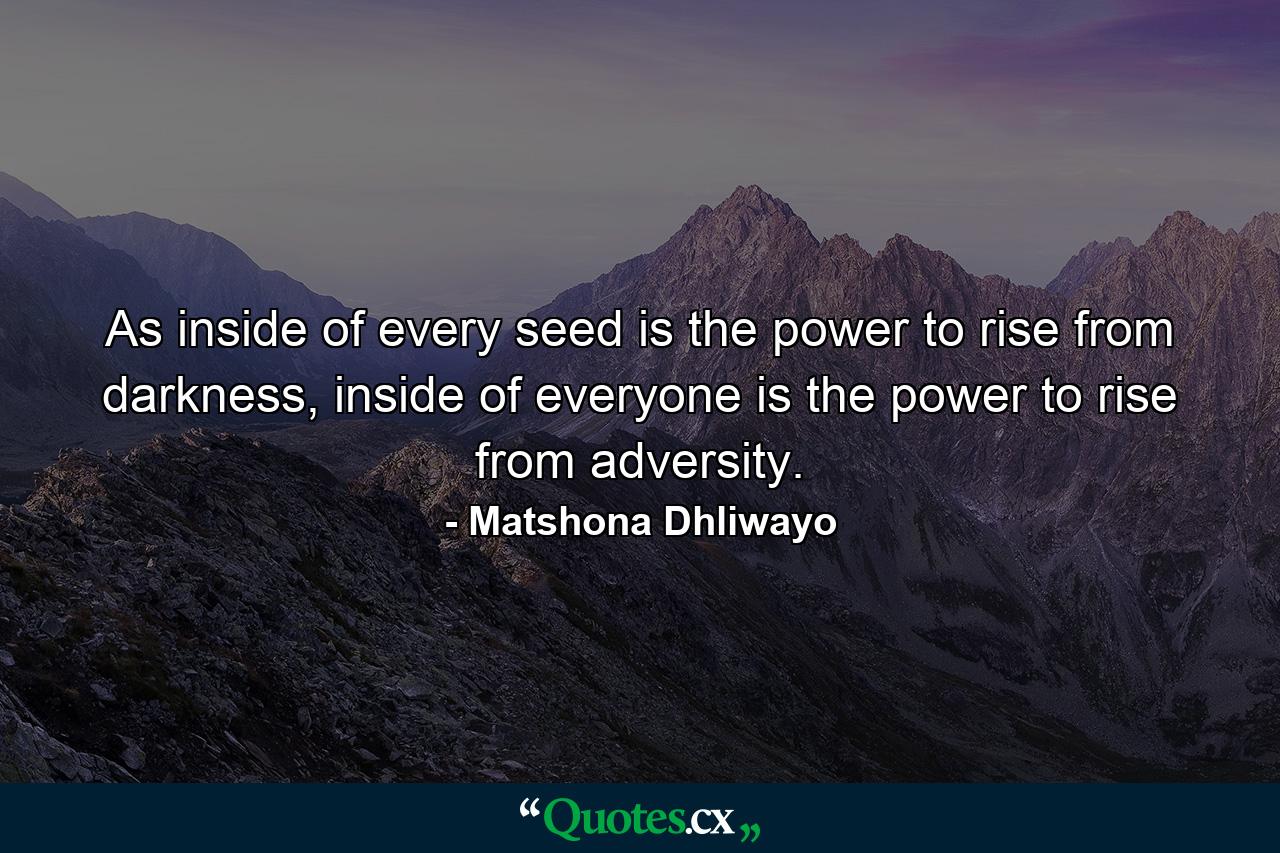 As inside of every seed is the power to rise from darkness, inside of everyone is the power to rise from adversity. - Quote by Matshona Dhliwayo