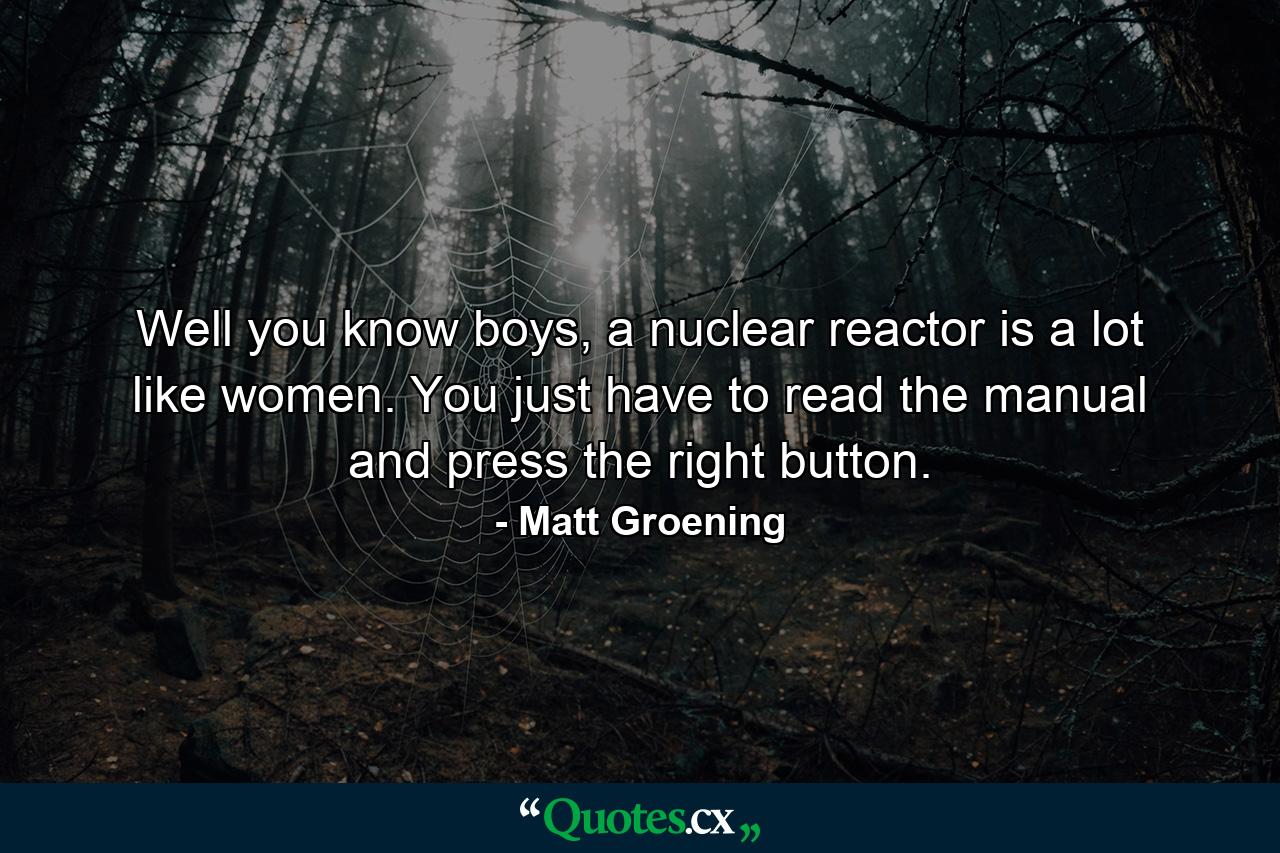 Well you know boys, a nuclear reactor is a lot like women. You just have to read the manual and press the right button. - Quote by Matt Groening