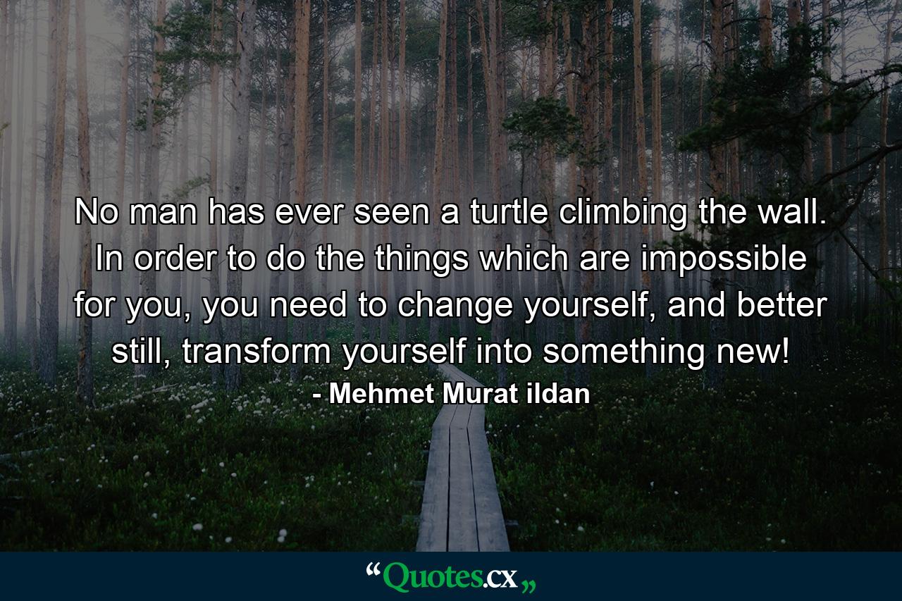 No man has ever seen a turtle climbing the wall. In order to do the things which are impossible for you, you need to change yourself, and better still, transform yourself into something new! - Quote by Mehmet Murat ildan