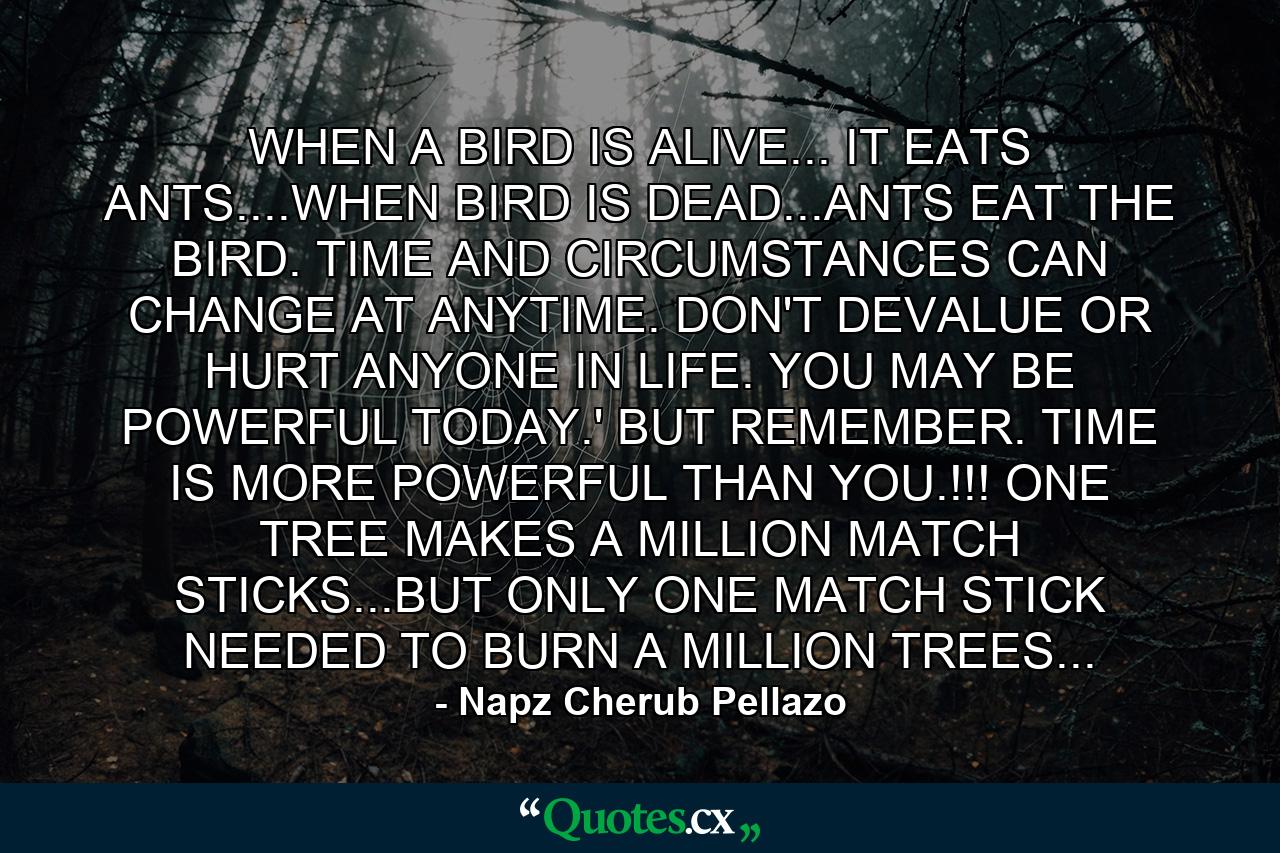 WHEN A BIRD IS ALIVE... IT EATS ANTS....WHEN BIRD IS DEAD...ANTS EAT THE BIRD. TIME AND CIRCUMSTANCES CAN CHANGE AT ANYTIME. DON'T DEVALUE OR HURT ANYONE IN LIFE. YOU MAY BE POWERFUL TODAY.' BUT REMEMBER. TIME IS MORE POWERFUL THAN YOU.!!! ONE TREE MAKES A MILLION MATCH STICKS...BUT ONLY ONE MATCH STICK NEEDED TO BURN A MILLION TREES... - Quote by Napz Cherub Pellazo