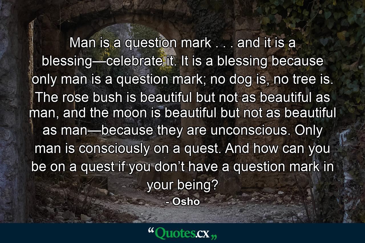 Man is a question mark . . . and it is a blessing—celebrate it. It is a blessing because only man is a question mark; no dog is, no tree is. The rose bush is beautiful but not as beautiful as man, and the moon is beautiful but not as beautiful as man—because they are unconscious. Only man is consciously on a quest. And how can you be on a quest if you don’t have a question mark in your being? - Quote by Osho