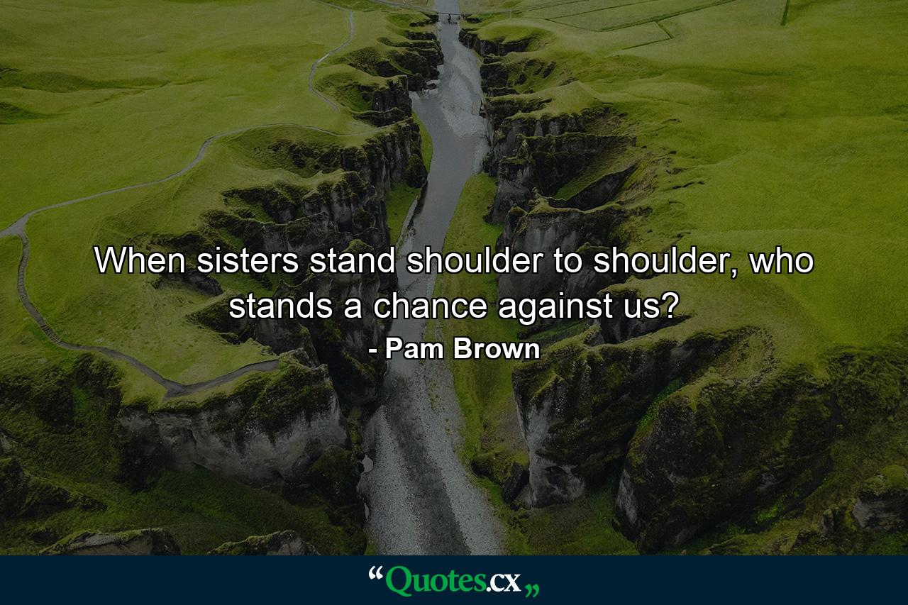 When sisters stand shoulder to shoulder, who stands a chance against us? - Quote by Pam Brown