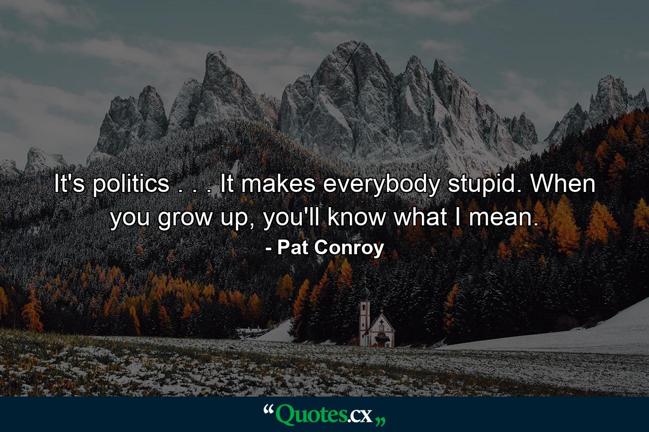 It's politics . . . It makes everybody stupid. When you grow up, you'll know what I mean. - Quote by Pat Conroy