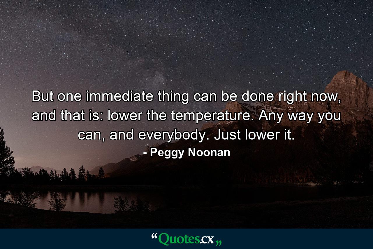 But one immediate thing can be done right now, and that is: lower the temperature. Any way you can, and everybody. Just lower it. - Quote by Peggy Noonan