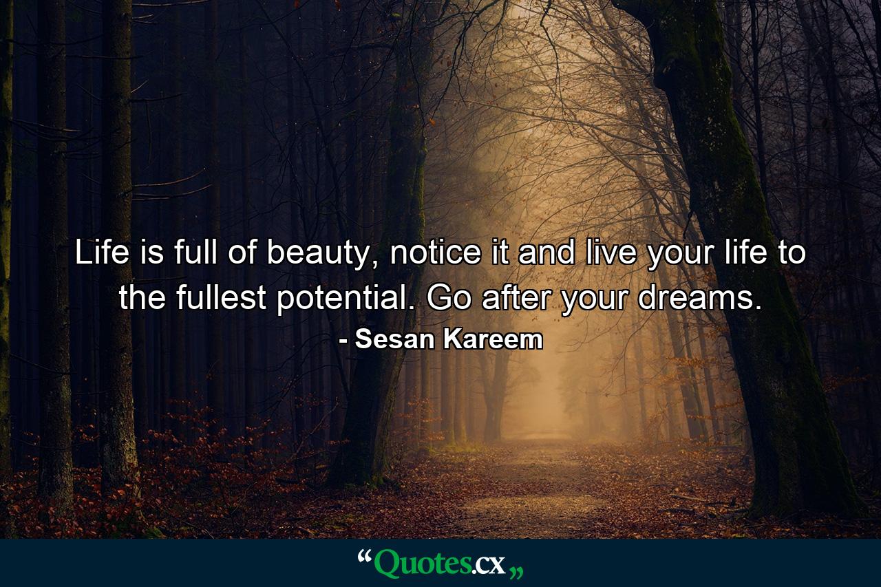 Life is full of beauty, notice it and live your life to the fullest potential. Go after your dreams. - Quote by Sesan Kareem