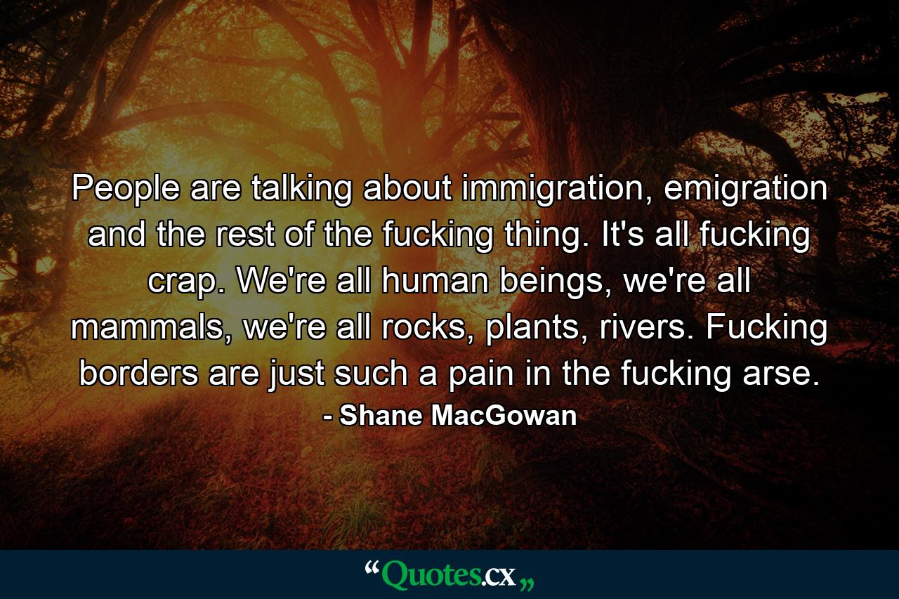 People are talking about immigration, emigration and the rest of the fucking thing. It's all fucking crap. We're all human beings, we're all mammals, we're all rocks, plants, rivers. Fucking borders are just such a pain in the fucking arse. - Quote by Shane MacGowan