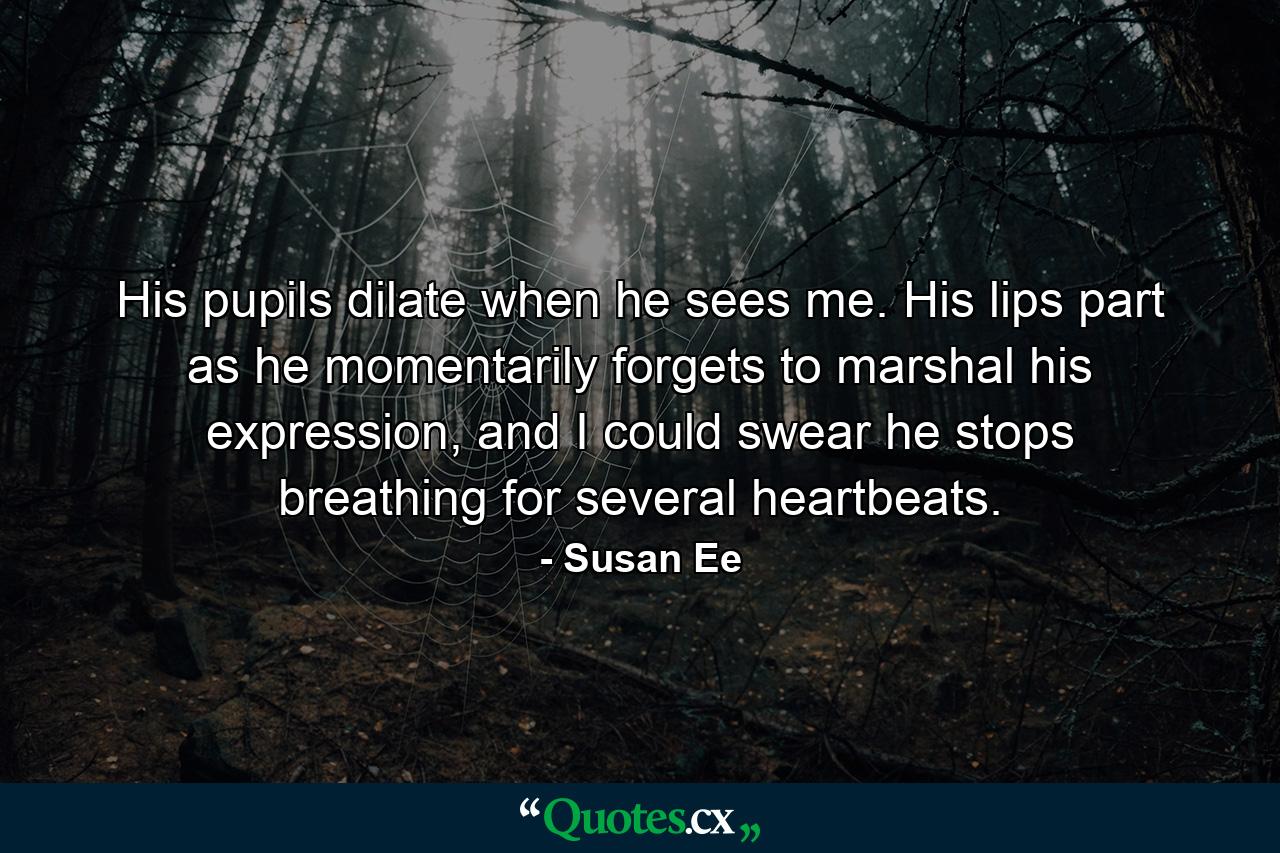 His pupils dilate when he sees me. His lips part as he momentarily forgets to marshal his expression, and I could swear he stops breathing for several heartbeats. - Quote by Susan Ee