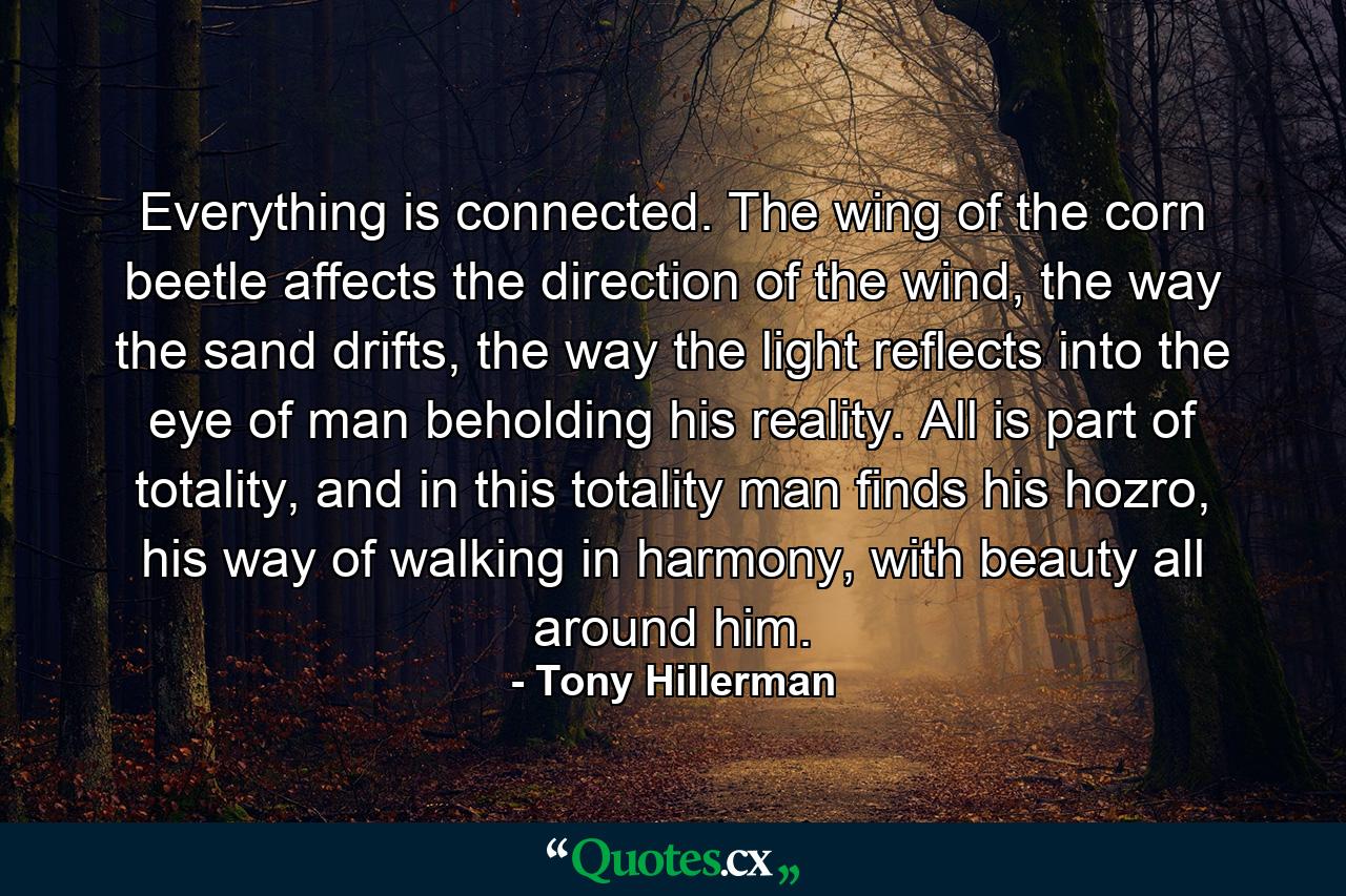 Everything is connected. The wing of the corn beetle affects the direction of the wind, the way the sand drifts, the way the light reflects into the eye of man beholding his reality. All is part of totality, and in this totality man finds his hozro, his way of walking in harmony, with beauty all around him. - Quote by Tony Hillerman