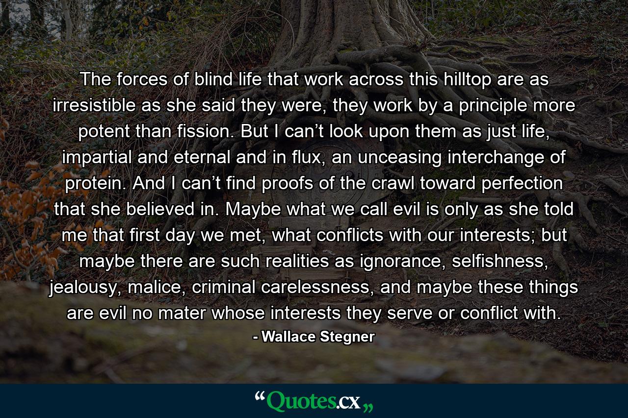 The forces of blind life that work across this hilltop are as irresistible as she said they were, they work by a principle more potent than fission. But I can’t look upon them as just life, impartial and eternal and in flux, an unceasing interchange of protein. And I can’t find proofs of the crawl toward perfection that she believed in. Maybe what we call evil is only as she told me that first day we met, what conflicts with our interests; but maybe there are such realities as ignorance, selfishness, jealousy, malice, criminal carelessness, and maybe these things are evil no mater whose interests they serve or conflict with. - Quote by Wallace Stegner