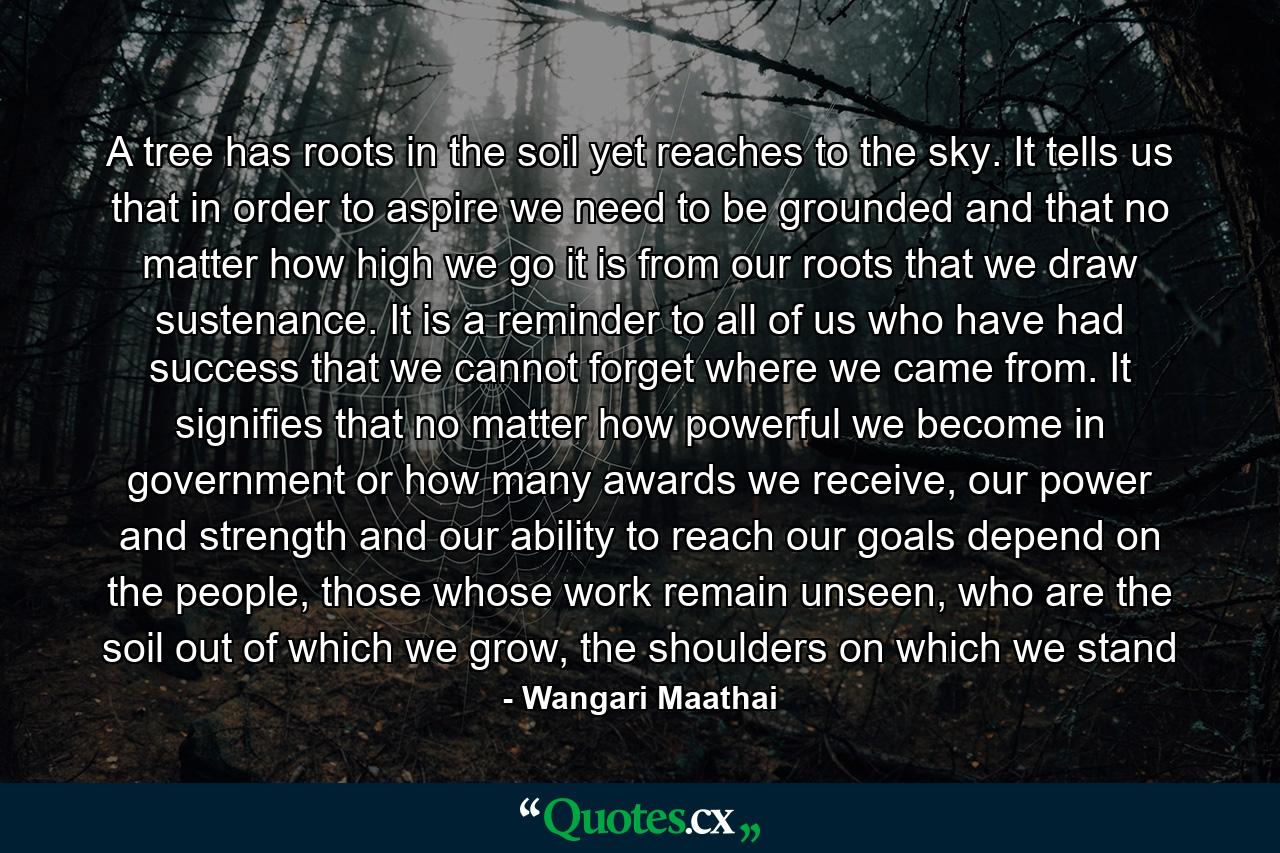 A tree has roots in the soil yet reaches to the sky. It tells us that in order to aspire we need to be grounded and that no matter how high we go it is from our roots that we draw sustenance. It is a reminder to all of us who have had success that we cannot forget where we came from. It signifies that no matter how powerful we become in government or how many awards we receive, our power and strength and our ability to reach our goals depend on the people, those whose work remain unseen, who are the soil out of which we grow, the shoulders on which we stand - Quote by Wangari Maathai