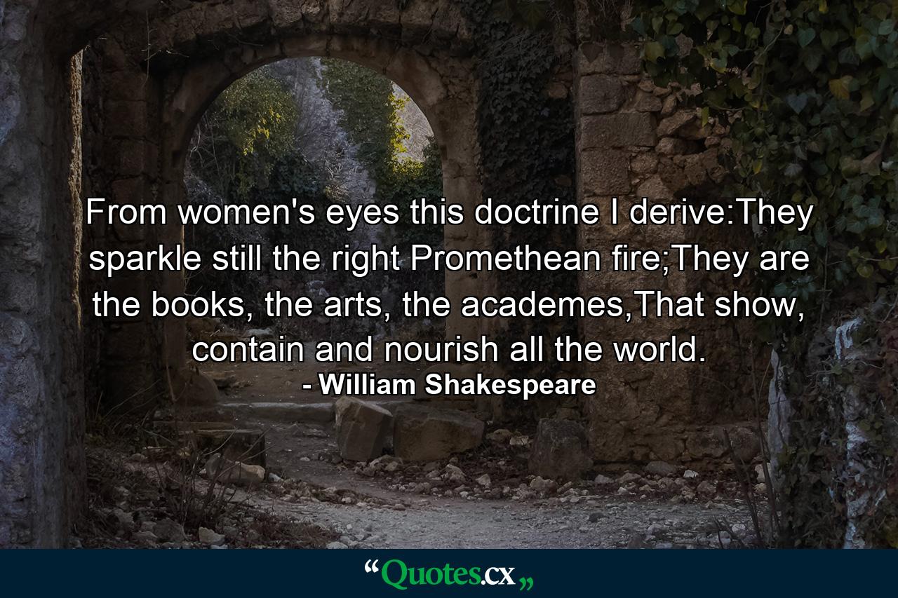 From women's eyes this doctrine I derive:They sparkle still the right Promethean fire;They are the books, the arts, the academes,That show, contain and nourish all the world. - Quote by William Shakespeare