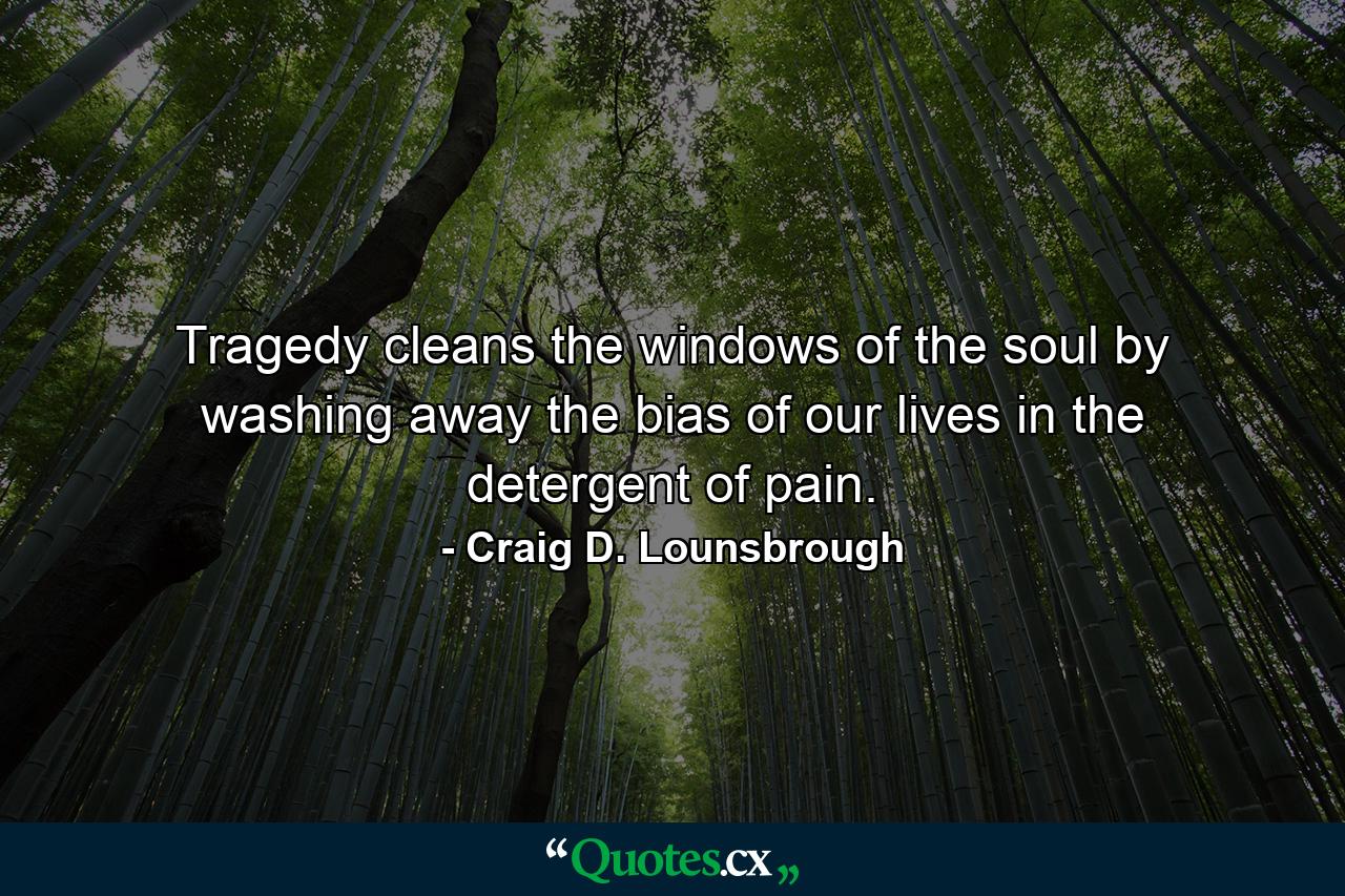Tragedy cleans the windows of the soul by washing away the bias of our lives in the detergent of pain. - Quote by Craig D. Lounsbrough