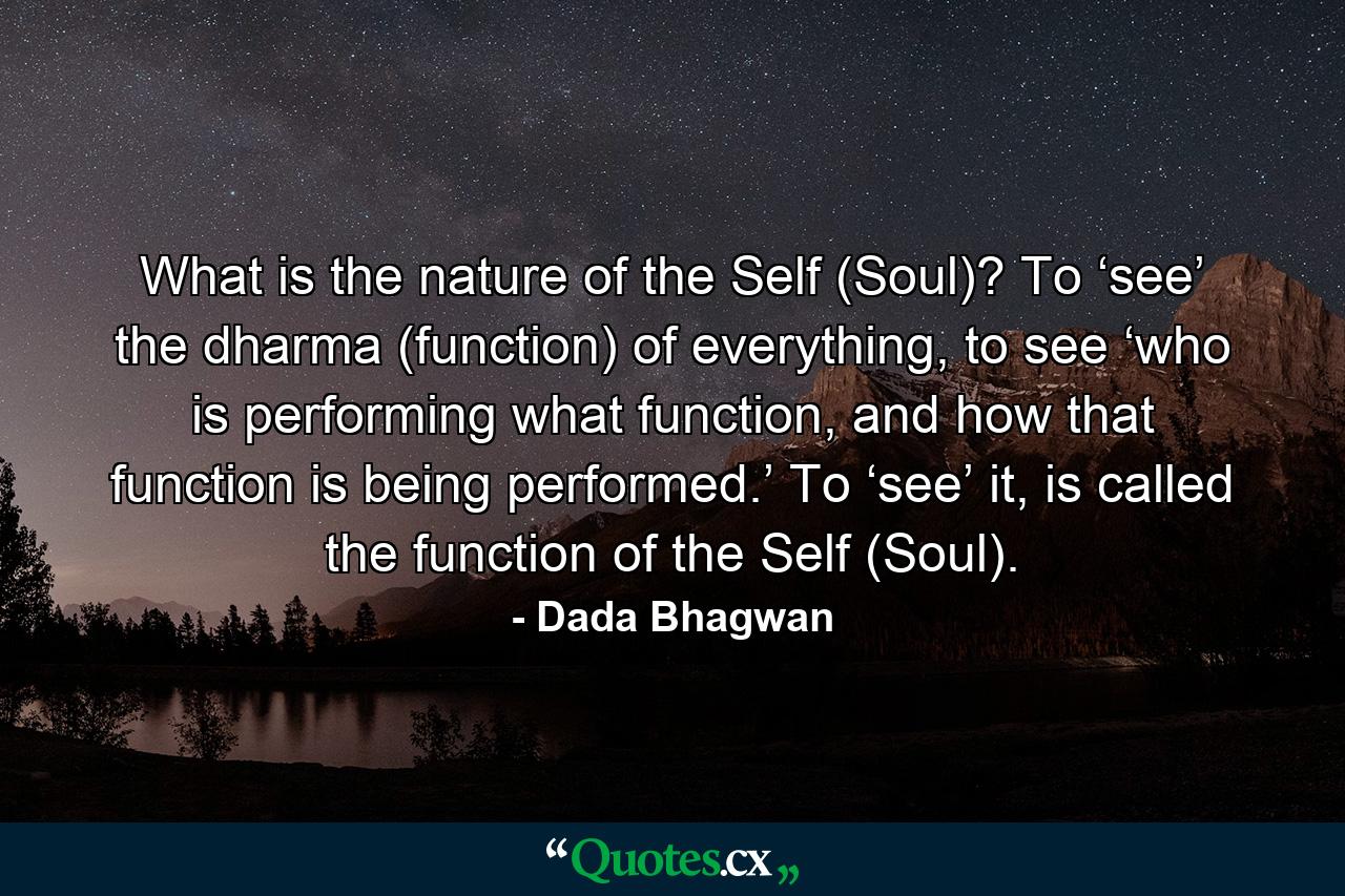 What is the nature of the Self (Soul)? To ‘see’ the dharma (function) of everything, to see ‘who is performing what function, and how that function is being performed.’ To ‘see’ it, is called the function of the Self (Soul). - Quote by Dada Bhagwan