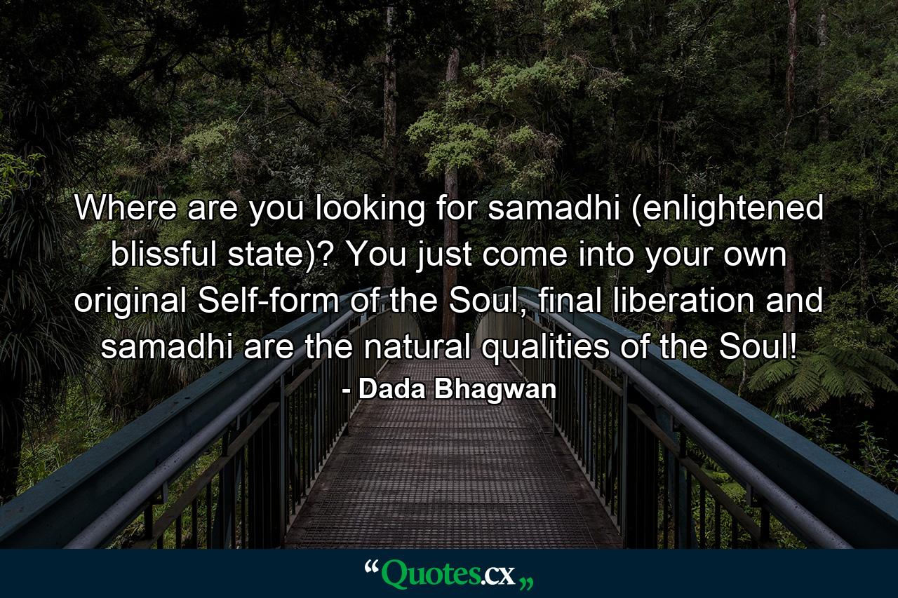 Where are you looking for samadhi (enlightened blissful state)? You just come into your own original Self-form of the Soul, final liberation and samadhi are the natural qualities of the Soul! - Quote by Dada Bhagwan