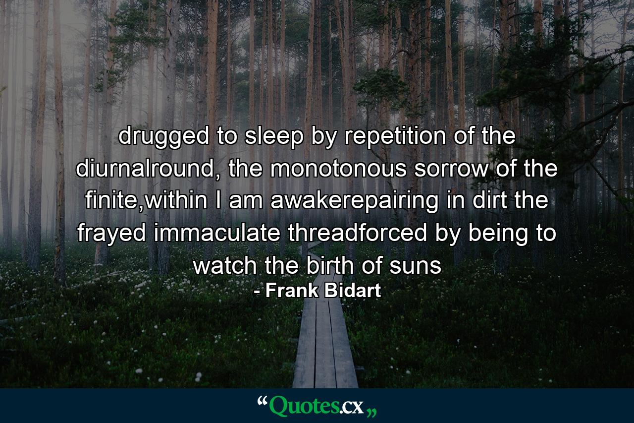 drugged to sleep by repetition of the diurnalround, the monotonous sorrow of the finite,within       I am awakerepairing in dirt the frayed immaculate threadforced by being to watch the birth of suns - Quote by jainerry
